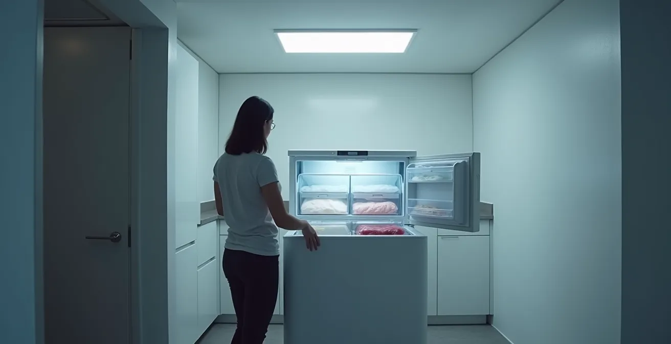 Personne ouvrant un congélateur coffre rempli de poissons organisés par espèces