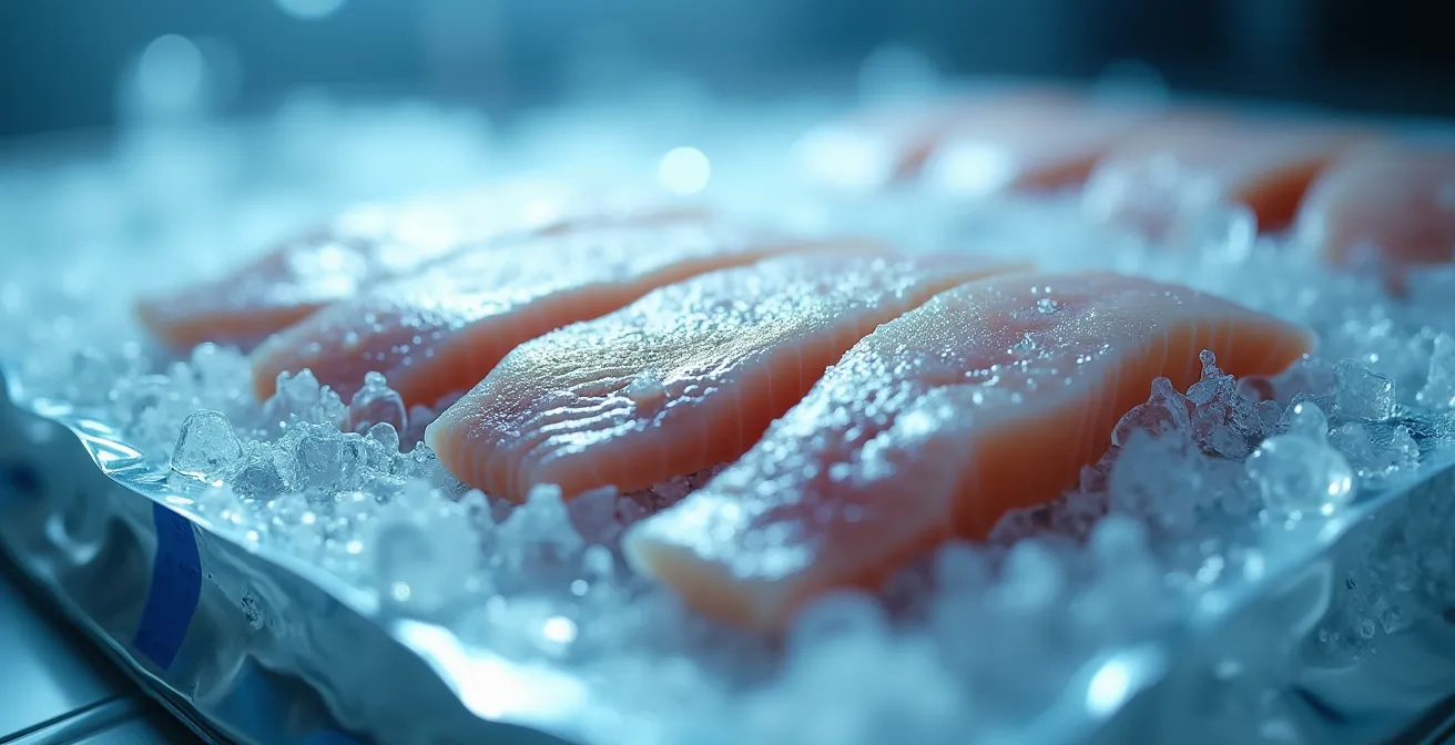 Vue macro de filets de poisson sous-vide avec cristaux de glace et étiquettes de date