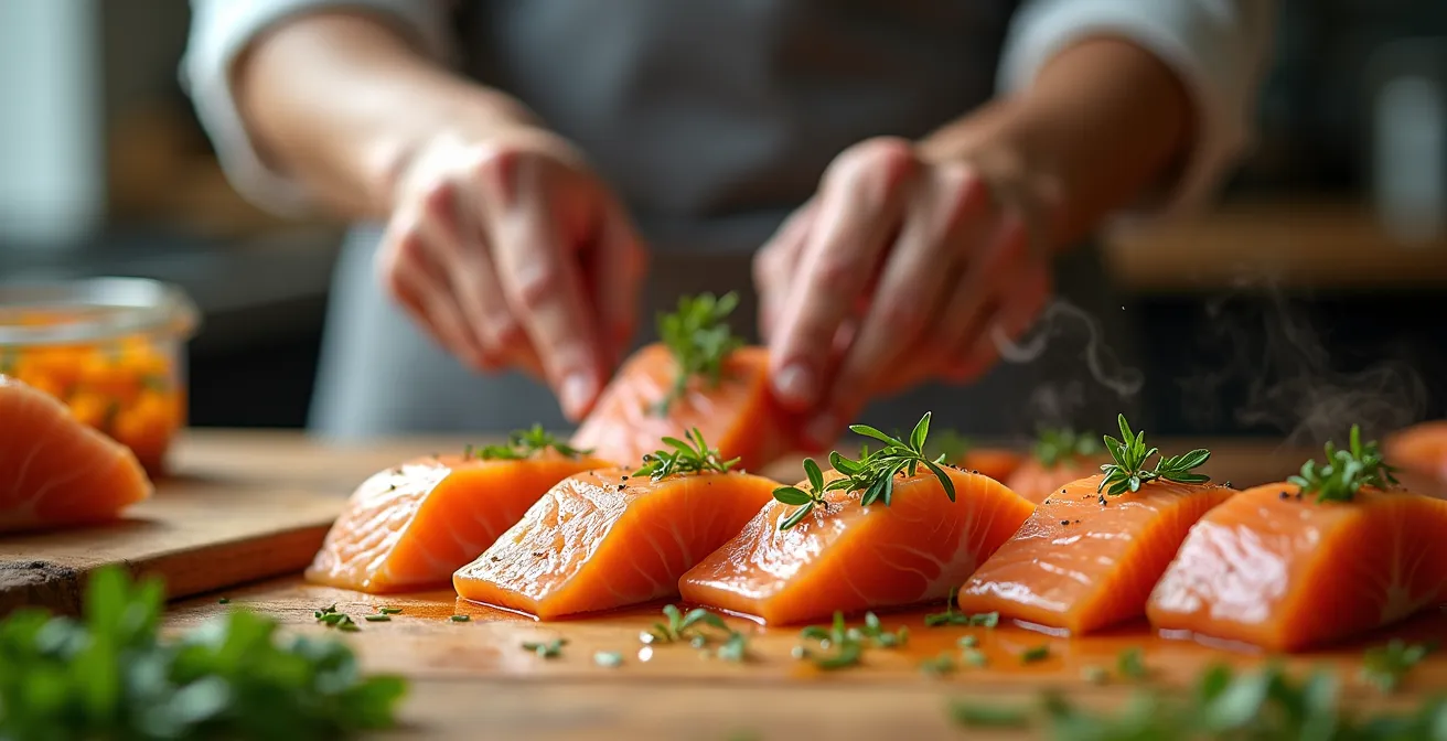 Mains préparant plusieurs filets de poisson avec marinades colorées et herbes fraîches
