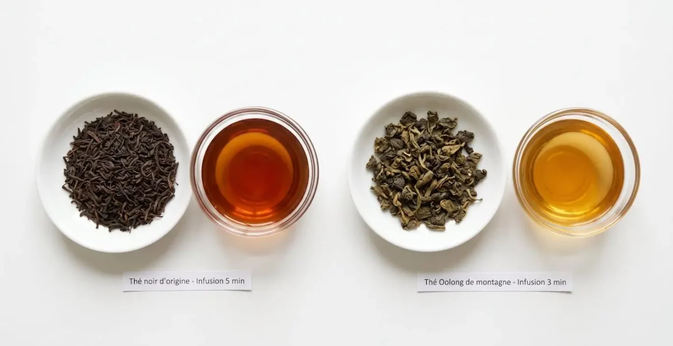Deux assiettes blanches côte à côte comparant visuellement feuilles sèches et infusions de thé noir (brun foncé, liqueur cuivrée) et Oolong (vert-brun, liqueur ambrée dorée) sur fond blanc