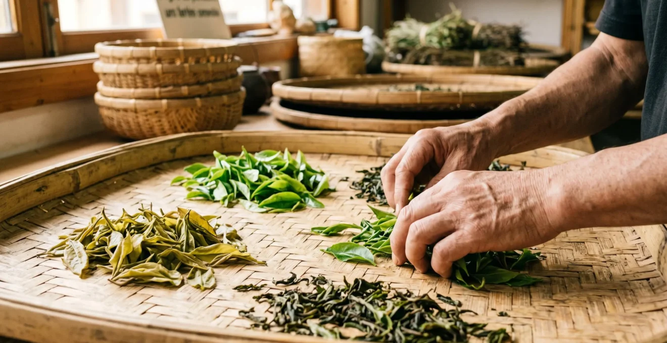 Mains manipulant délicatement des feuilles de thé fraîches vertes et flétries sur un plan de travail en bambou traditionnel dans un atelier artisanal