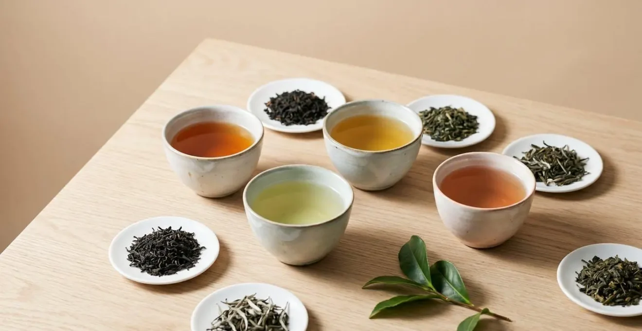 Quatre tasses de céramique contenant des infusions de thé de couleurs variées (ambrée, dorée, verte, cuivrée) disposées sur une surface en bois clair naturel, accompagnées de petits tas de feuilles de thé sèches, dans une composition minimaliste et lumineuse