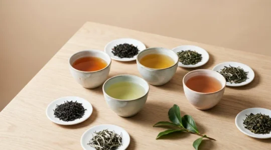 Quatre tasses de céramique contenant des infusions de thé de couleurs variées (ambrée, dorée, verte, cuivrée) disposées sur une surface en bois clair naturel, accompagnées de petits tas de feuilles de thé sèches, dans une composition minimaliste et lumineuse