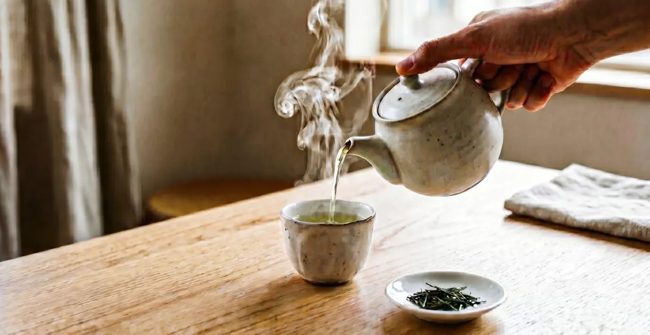 Théière en céramique mate versant une infusion de thé vert pâle dans une petite tasse artisanale sur une table en bois clair, avec vapeur légère visible et feuilles vertes à côté